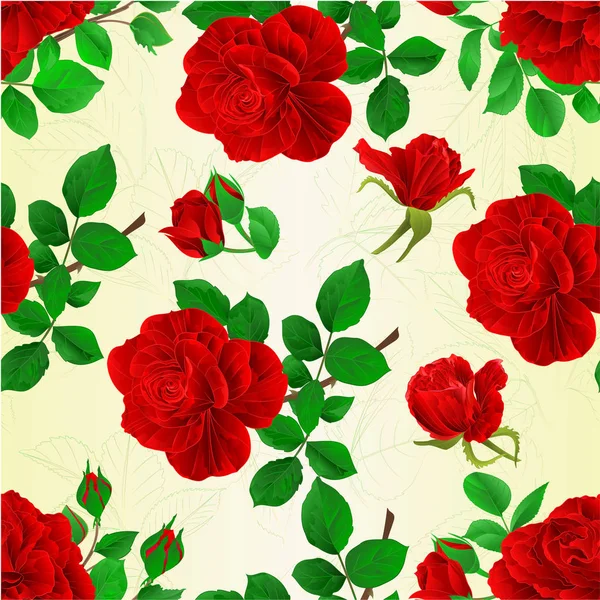 Безшовна Текстура Червоних Троянд Бутонами Листям Старовинного Плодового Фону Векторні — стоковий вектор