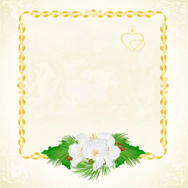 Label Gold Frame Jasmine Holly Pine Branches Floral Festive Background — Stock Vector