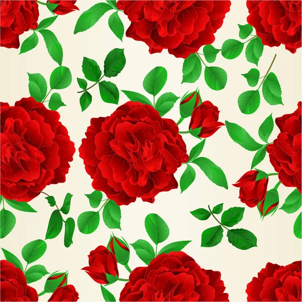 Texture Senza Cuciture Rosa Rossa Con Boccioli Foglie Vintage Festive — Vettoriale Stock