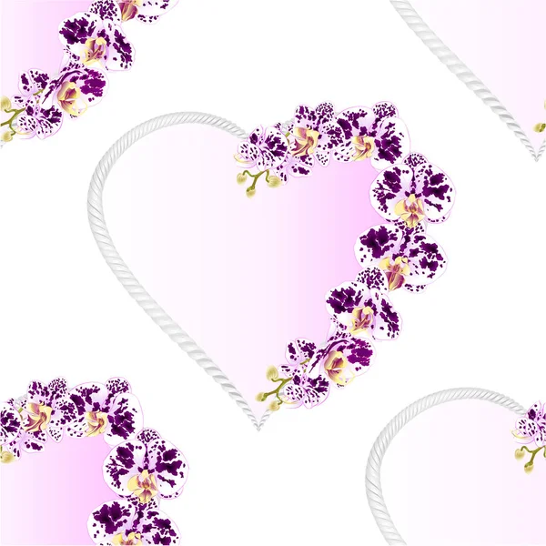 Бесшовная Текстура Рама Орхидея Форме Сердца Phalaenopsis Пятнистые Фиолетовые Белые — стоковый вектор