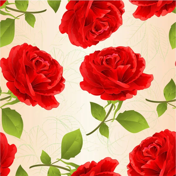 无缝纹理花红色玫瑰在自然背景树枝与叶子复古向量插图可编辑手绘手画 — 图库矢量图片