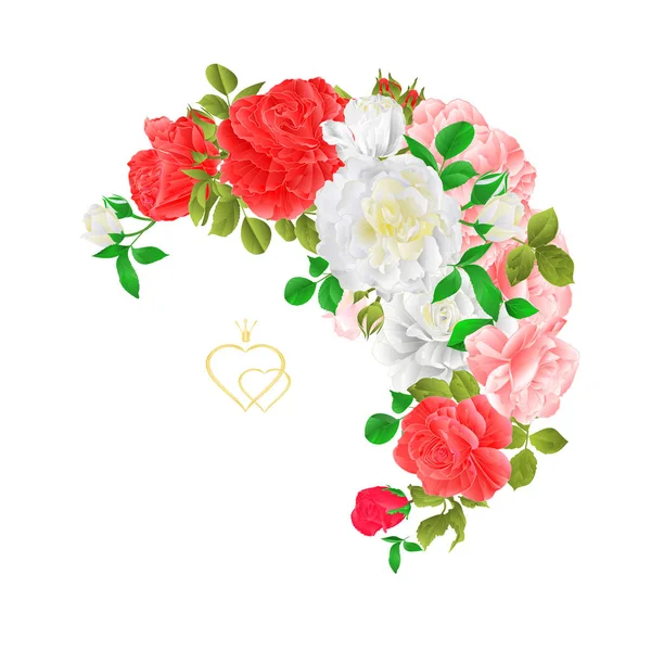 Cadre Croissant Floral Avec Roses Bourgeons Vintage Fond Festif Illustration — Image vectorielle