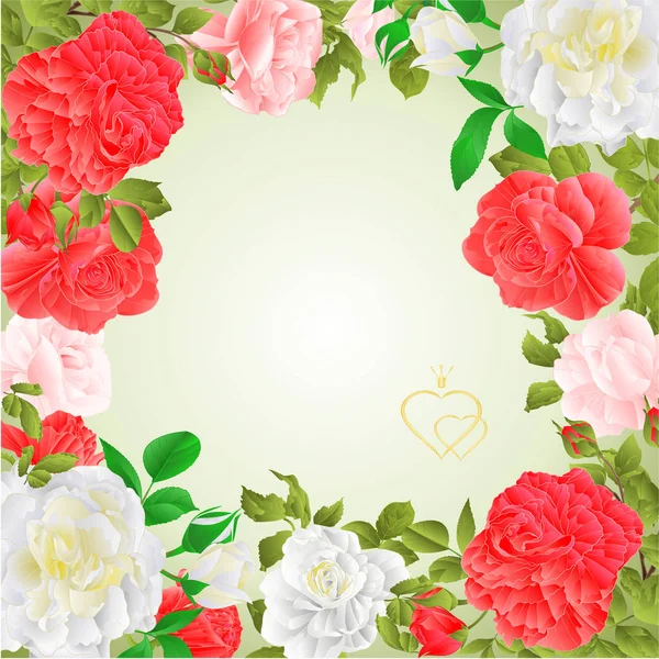 Moldura Floral Borda Fundo Festivo Com Flores Rosas Botões Vetor — Vetor de Stock