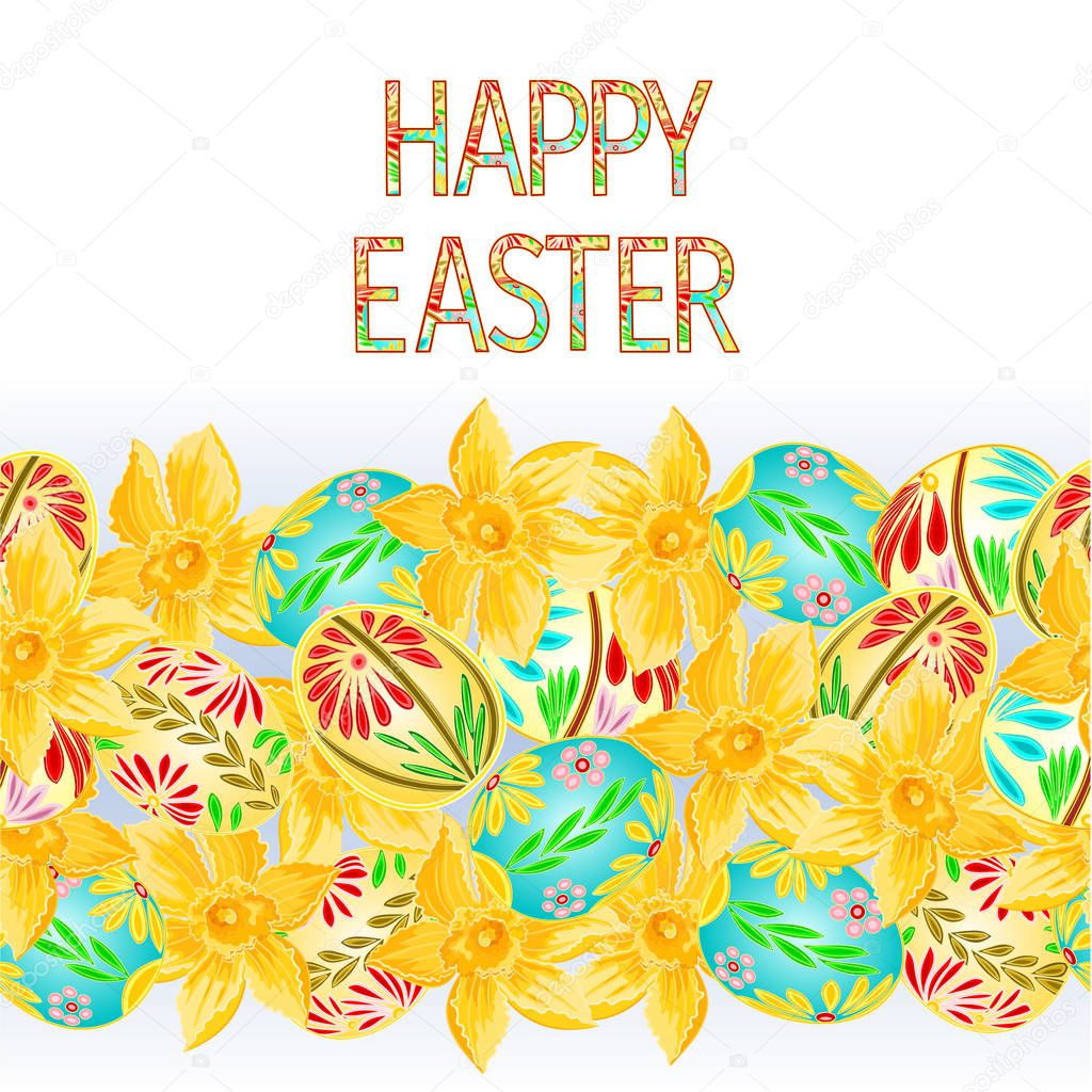 Happy easter border seamless background with easter eggs and daffodil vector Illustration for use in interior design, artwork, dishes, clothing, packaging, greeting cards