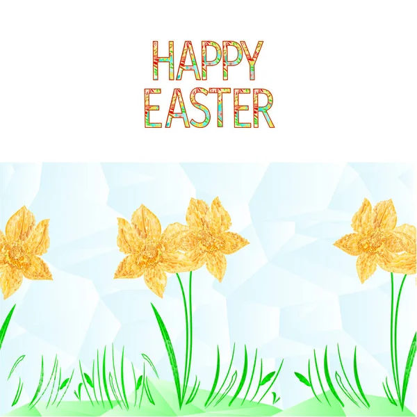 Happy Easter Border Seamless Background Daffodil Grass Polygons Vector Ilustração — Vetor de Stock