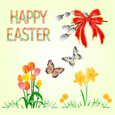 Mutlu Paskalya dekorasyon nergis ve Lale yeşil çim ve kelebek, kedi willov ve yay. Nisan ayında mevsimlik tatil. Bahar çiçekleri düzenlenebilir el çizmek dört vektör çizim ayarla