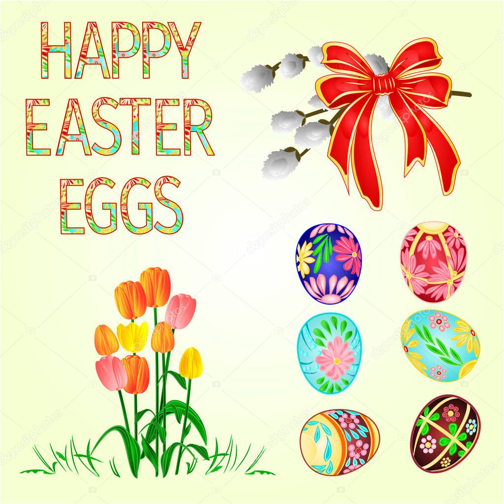 Happy Easter decoration Easter eggs and tulips on green grass, pussy willov and bow. Seasonal Holidays in April. Colorful eggs and flowers set two vector illustration editable hand draw