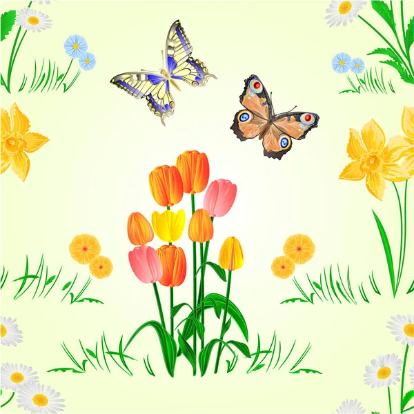 Naadloze Textuur Happy Easter Decoratie Narcissen Tulpen Groen Gras Vlinder — Stockvector