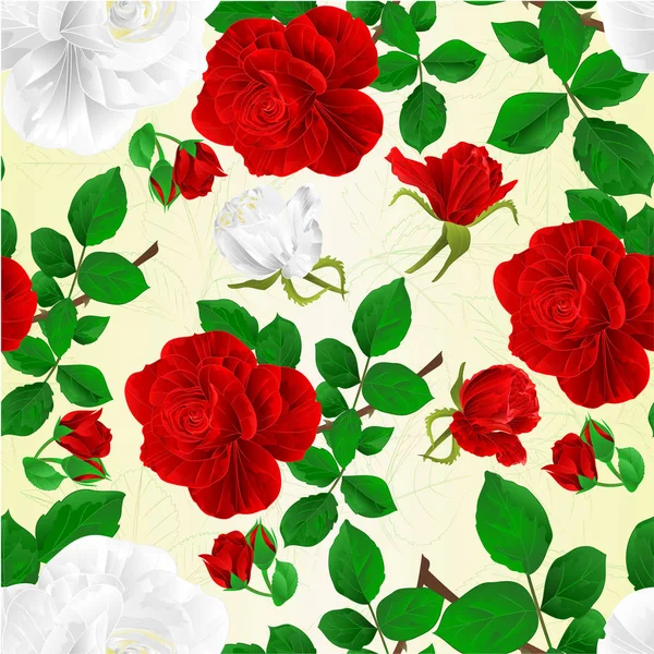 Безшовна Текстура Червоних Білих Троянд Бутонами Листям Старовинного Плодового Фону — стоковий вектор