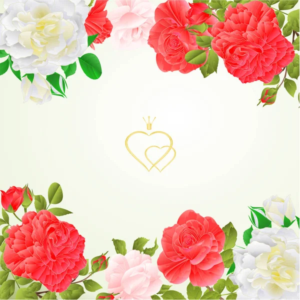 Floral Bordure Fond Festif Avec Fleurs Roses Bourgeons Vintage Vecteur — Image vectorielle