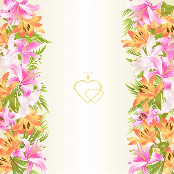 花卉边框喜庆的背景与盛开的百合和芽老式矢量插图用于室内设计 贺卡可编辑 — 图库矢量图片