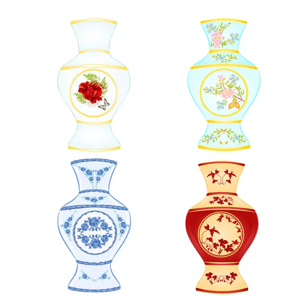Jarrones Varios Hibisco Porcelana Mariposa Rosas Varias Hojas Vintage Vector — Archivo Imágenes Vectoriales
