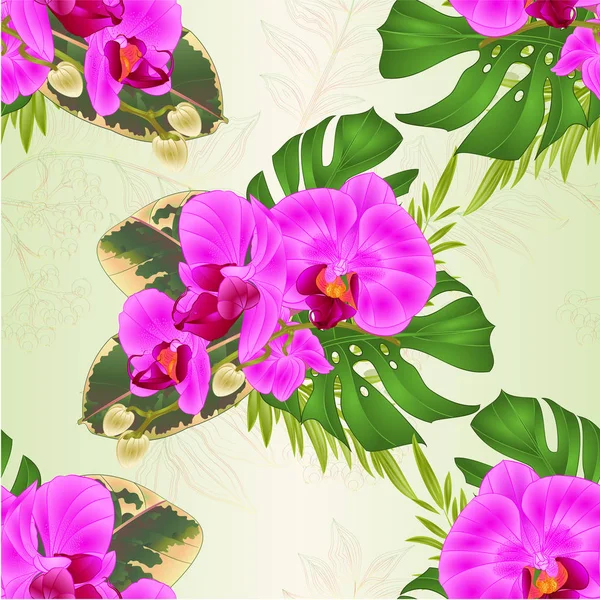 无缝纹理花束与热带花卉夏威夷风格插花 与美丽的紫色兰花 蔓和榕复古矢量插图可编辑手绘手画 — 图库矢量图片