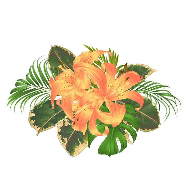 Ramo Con Flores Tropicales Arreglo Floral Con Hermosos Lirios Amarillos — Vector de stock