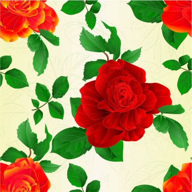 El çizmek sorunsuz doku kök çiçek kırmızı ve turuncu gül ve yaprakları vintage vektör çizim düzenlenebilir 