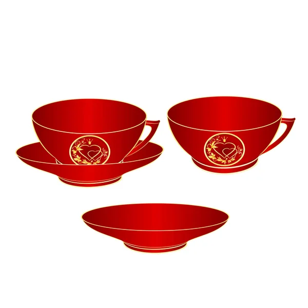 Tasse Teil Rotes Porzellan Gold Ornament Herz Mit Krone Und — Stockvektor