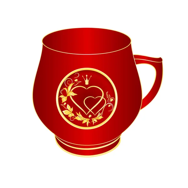Hrnek Srdce Zlatý Ornament Červené Porcelánu Korunou Listy Ročník Vektorové — Stockový vektor