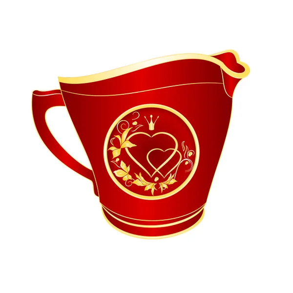 Jarro Leite Porcelana Vermelha Coração Ornamento Ouro Com Coroa Folhas — Vetor de Stock