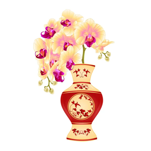 Falenopsis Orchid Vaso Porcelana Com Folhas Vermelhas Vintage Vetor Ilustração — Vetor de Stock