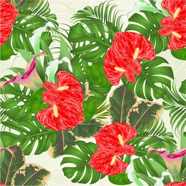 Цветочная Композиция Букет Тропическими Цветами Красивыми Лилиями Кала Антурий Пальма — стоковый вектор