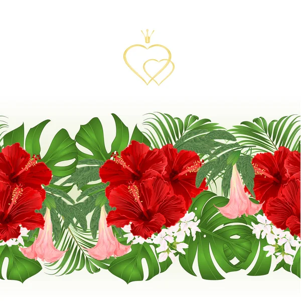 Цветочная Граница Бесшовный Фоновый Букет Тропическими Цветами Цветочная Композиция Красным — стоковый вектор