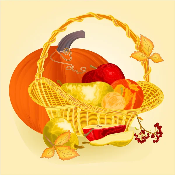 Fruits Basket Healthy Nutrition Thanksgiving Day Celebration Vintage Vector Illustration — Stock Vector