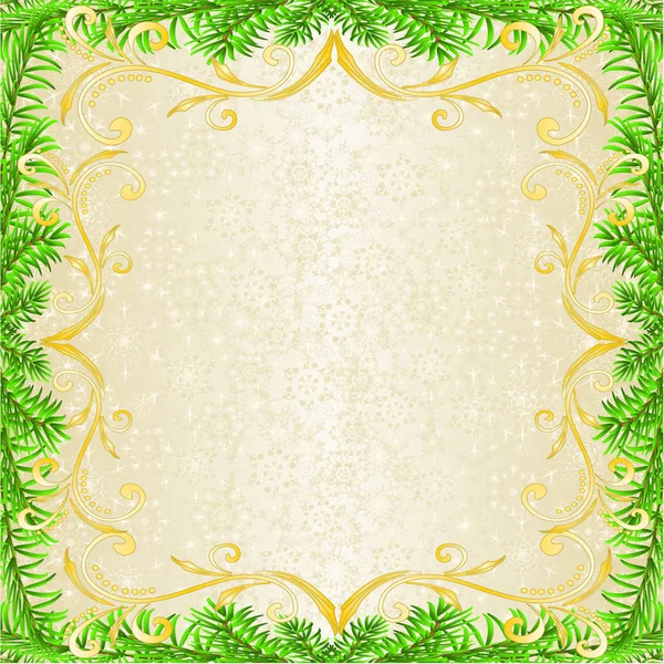 クリスマスと新年の装飾フレーム黄金の装飾黄金の葉とモミの木の枝と黄金の雪の結晶ヴィンテージベクトルイラスト編集可能な手描き — ストックベクタ