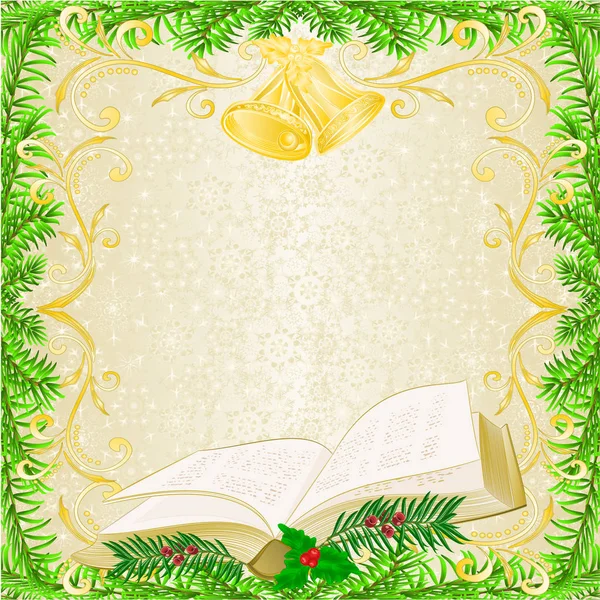 Natale Capodanno Decorazione Cornice Libro Campane Oro Tasso Ornamenti Oro — Vettoriale Stock