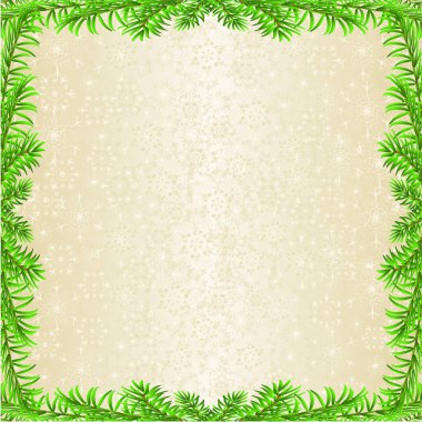 Noel ve Yeni Yıl dekorasyon çerçevesi ladin ağacı dalı ve altın kar taneleri klasik vektör illüstrasyonu düzenlenebilir el çizimi