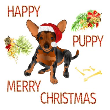 Mutlu köpek yavrusu Noel Baba Mutlu Noeller ve yeni yar ve harfli vintage vektör illüstrasyon düzenlenebilir el çizimi