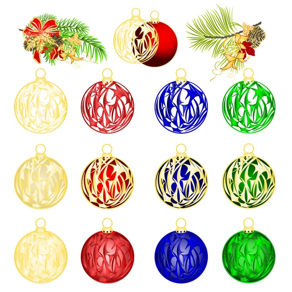 Bolas Grabadas Navidad Ramas Decorativas Sobre Fondo Blanco Navidad Festiva — Vector de stock