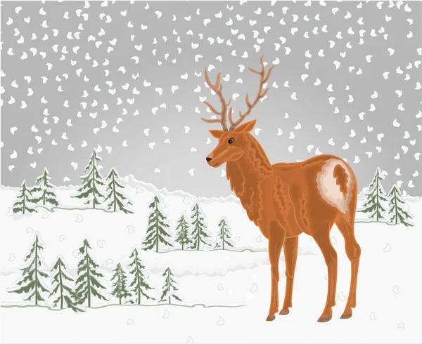 Cerf Dans Paysage Hiver Avec Chute Neige Festive Lieu Fond — Image vectorielle