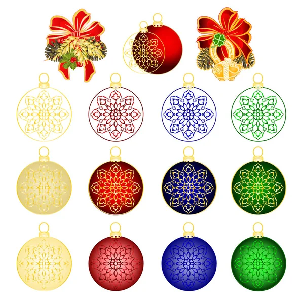 Kerst Gegraveerde Ballen Dennenappels Piggy Witte Achtergrond Feestelijke Kerst Decoratie — Stockvector