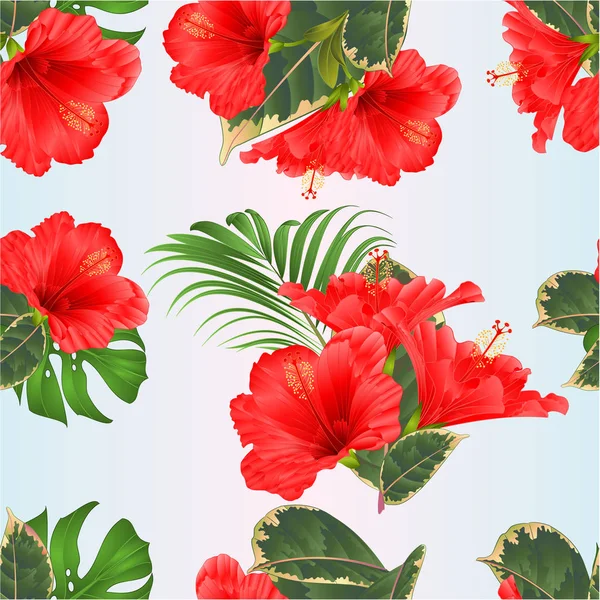 Textura Sin Costuras Flores Tropicales Arreglo Floral Con Hibisco Rojo — Vector de stock