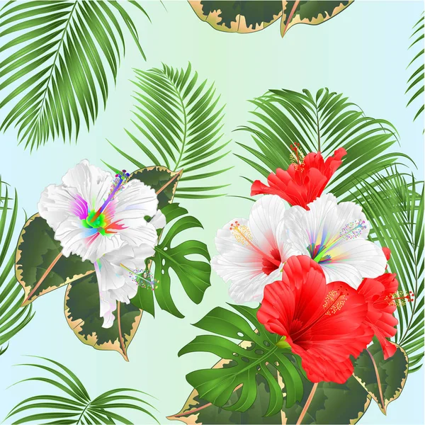 热带花的无缝隙质感花束 有美丽的白色和红色芙蓉和棕榈 菲力西兰花 — 图库矢量图片