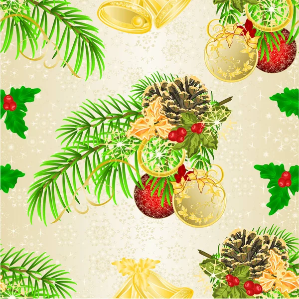 シームレスなテクスチャクリスマスと新年の装飾枝クリスマスツリーのお祝いのポインセチアと松のコーン黄金と赤のボールヴィンテージベクトルイラスト編集可能な手描き — ストックベクタ