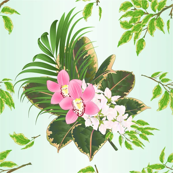 热带花卉排列的无缝隙质感花束 具有美丽的粉红兰花 仙人掌兰花和仙人掌自然背景图 — 图库矢量图片