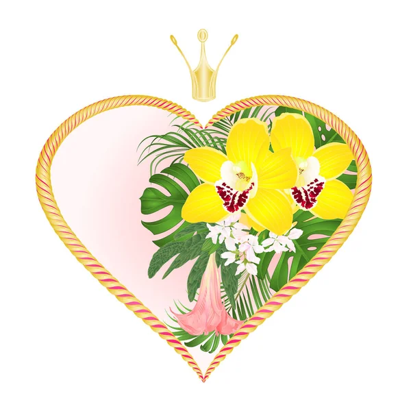 Label Golden Hearts Crown Tropical Flowers Beautiful Yellow Orchids Cymbidium — 图库矢量图片