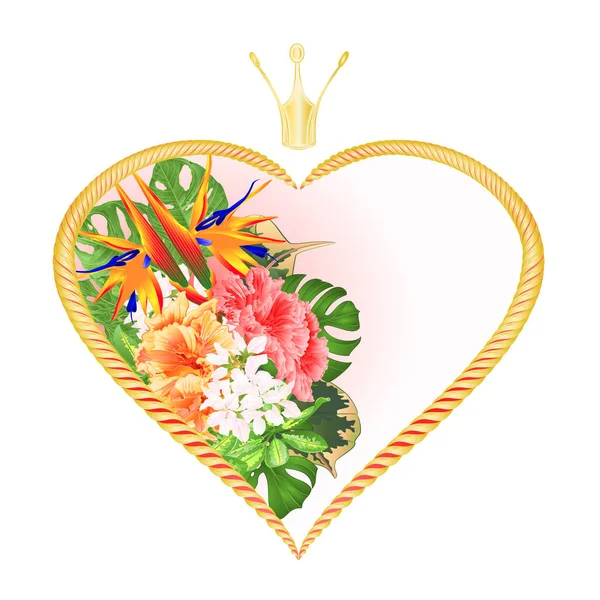 Étiquette Coeur Doré Avec Couronne Fleurs Tropicales Strelitzia Hibiscus Rose — Image vectorielle