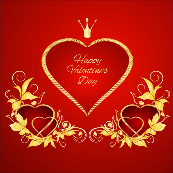 Днем Святого Валентина Сердца Корона Золотыми Листьями Праздничный Красный Фон — стоковый вектор
