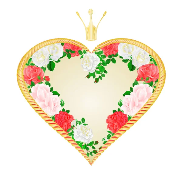 Label Golden Heart Crown Pink White Roses Buds Valentine Day — Stock Vector