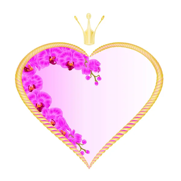 Метка Золотое Сердце Орхидеей Короны Phalaenopsis Фиолетовый Почки День Святого — стоковый вектор