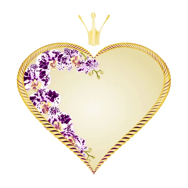 Label Golden Heart Crown Orchid Phalaenopsis Purple White Buds Valentine — Stock Vector