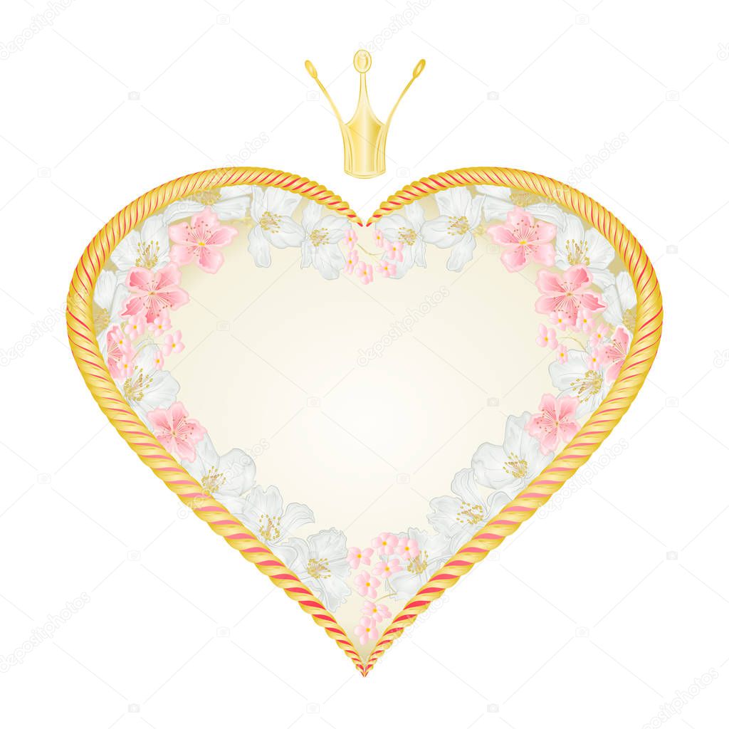 Label golden heart with a crown  with sakura and Jasmine valentine's day festive background vintage vector illustration editable hand draw