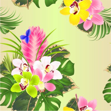 Kusursuz doku Tillandsia siyanesi ve orkideler simibidyum çeşitli buket tropik çiçek palmiyesi, filodendron vintage vektör çizimi düzenlenebilir el çizimi