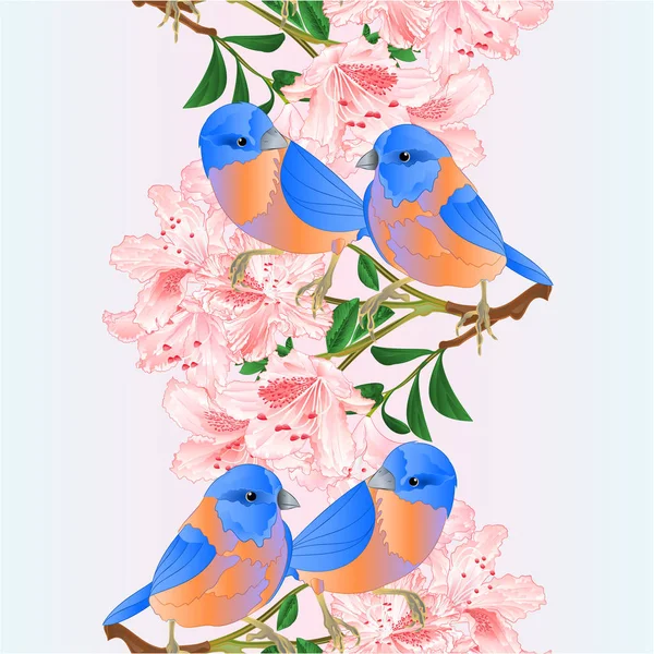 垂直境界シームレスな背景の小さな鳥ブルーバードスラッシュとライトピンクのシャクナゲの枝ヴィンテージベクトルイラスト編集可能な手描き — ストックベクタ