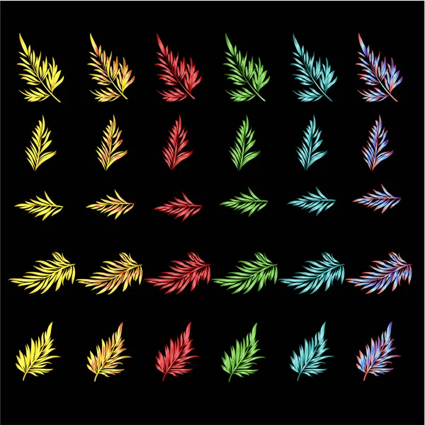 Decorative Leaves Gold Red Green Blue Neon Watercolor Set Third — Stock Vector