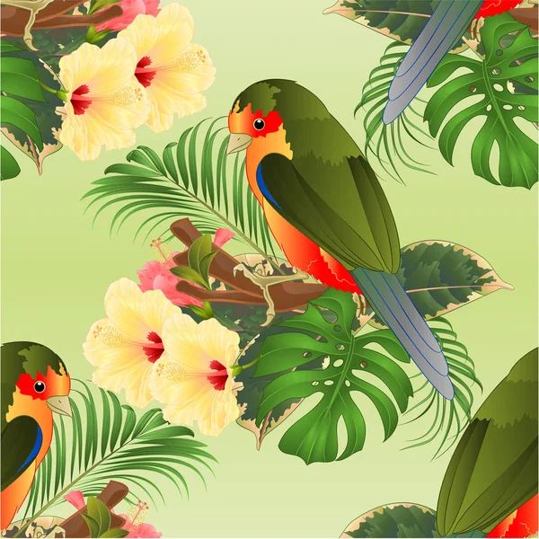 Ramo Pájaro Tropical Textura Perfecta Con Flores Tropicales Hibisco Una — Vector de stock