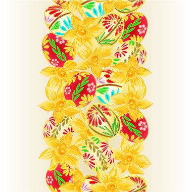 Paskalya yumurtaları ve nergis vektör ilüstrasyonunda iç tasarım, sanat eserleri, yemekler, kıyafetler, ambalaj, tebrik kartı kullanımı için kusursuz arka plan dikey sınırı