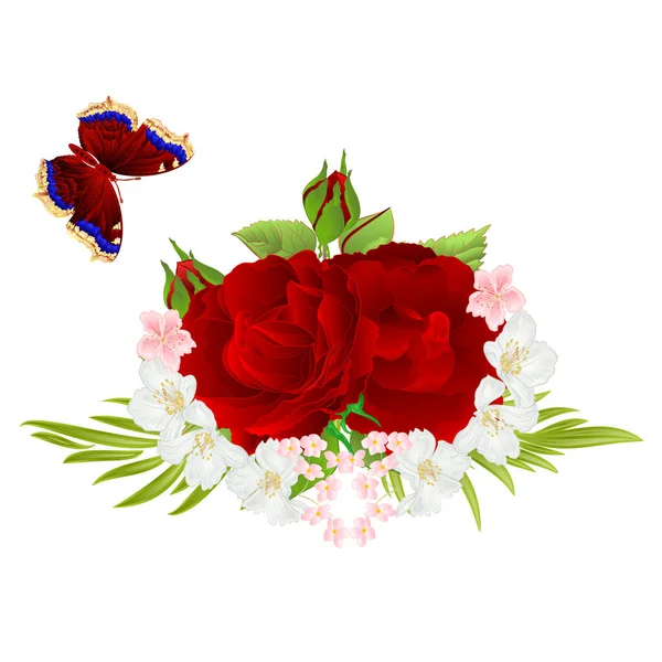 Blumen Rote Rosen Und Knospen Jasmin Und Schmetterling Jahrgang Festlichen — Stockvektor
